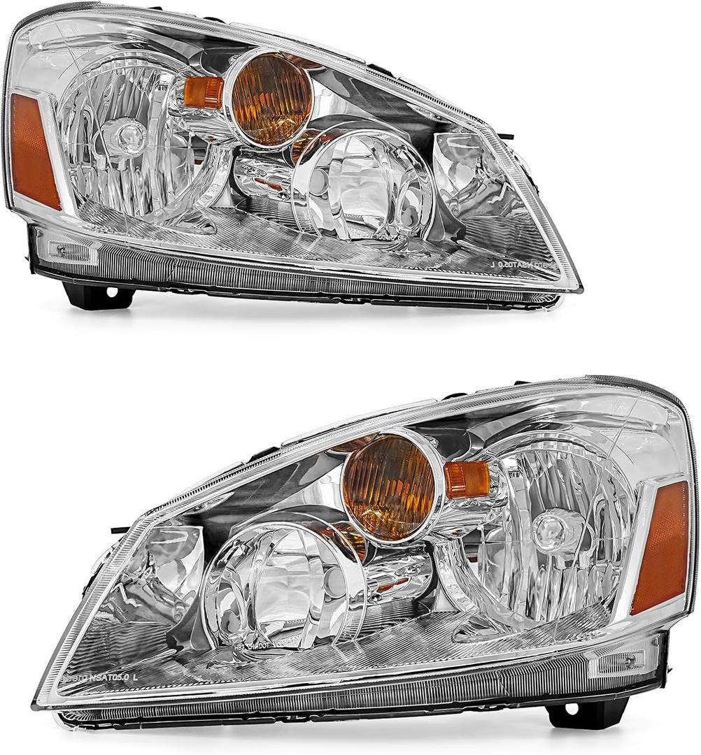 for 2005-2006 Nissan Altima Headlights Assembly Chrome Pair | OE 26060ZB525/26010ZB525, Halogen, W/O bulbs, amber reflector, IP67 Waterproof, Plug & Play
