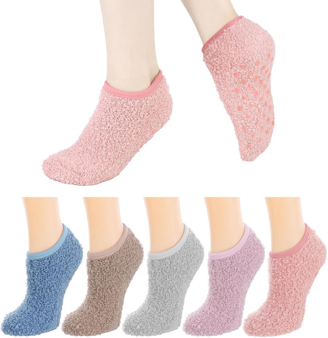 scenicamp 5 Pairs Ankle Slipper Socks with Grips for Women Warm Winter Fluffy Fuzzy Non Slip Low Cut Socks for Hospital Home Gifts, sizes 5-8