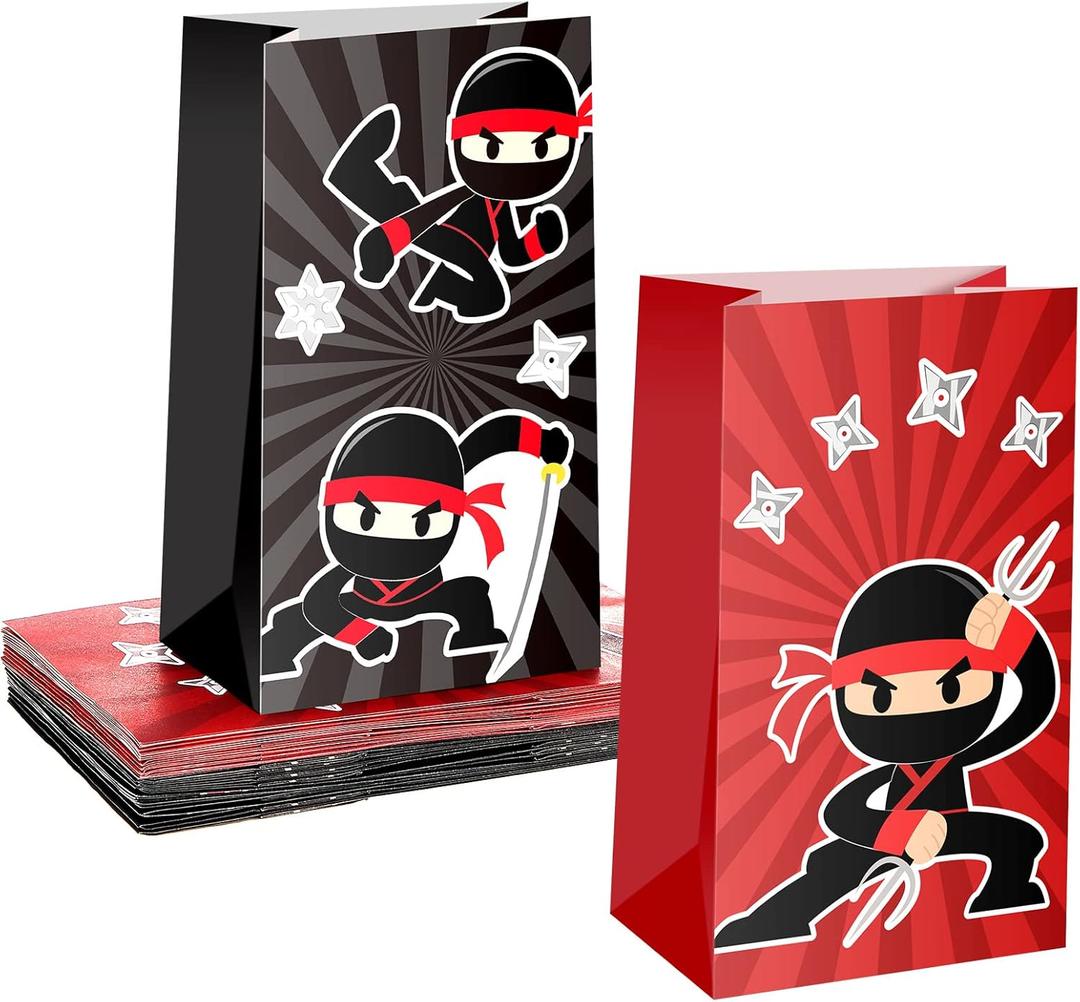 Leinuosen 24 Pcs Ninja Party Favor Bags Ninja Themed Birthday Goodie Candy Treat Bags for Kids Boy Girl Party Decorations(Red, Black)