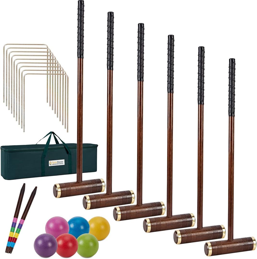 Six Player Croquet Game, 35 Croquette Set with Premium Wooden Mallets/Colored Balls/Wickets/Stakes/Carrying Bag, Classic Outdoor Backyard Lawn Games for Teens Adults Family