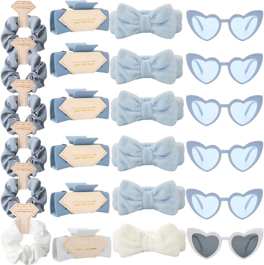 Bridesmaid Scrunchies Proposal Gifts Bachelorette Hair Claws Clips women heart sunglasses for Wedding Party Favors (White&Dusty Blue headband 24pcs)