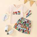 Toddler Boy Back to School Outfit First Day of School Shirt+Striped Shorts Summer Clothes Set (White)