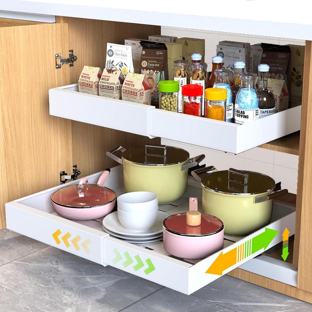 2 Pack Pull Out Cabinet Organizer 21" Deep Expandable Slide Out Drawer Organizers,No Drill Pull Out Drawers Adhesive with Nano Compatible Framed Cabinets Shelves For Kitchen Pantry Adjustable Width (21"D x12.4"-20.47"W (2 Pack), White)
