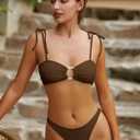 ZAFUL Women's Bandeau Tie Spaghetti Strap Bikini Textured O Ring Ruched High Leg Swimsuit Cheeky Bathing Suits (Brown, S)
