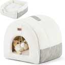 Cat Bed Cave for Indoor Cats - 2 in 1 Cat Hideaway Hut Fully Machine-Washable, Covered Kitten House Bed with Cushioned Pillow, Cute Small Pet Tent with Non-Slip Bottom, 15 Inches (Cream)