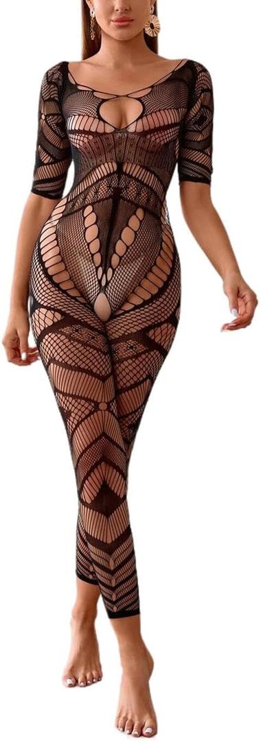 Women Sexy Crotchless Underwear Hollow Lingerie Bodysuit Babydoll Mesh Teddy Sleepwear Tights Bodystocking, One Size  (Black)