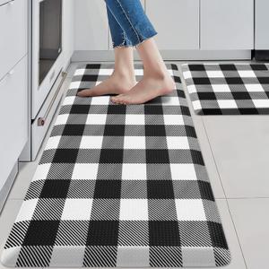 MAYHMYO Kitchen Mats 1/2 inch Black and White Kitchen Rugs and mats Farmhouse Anti Fatigue Kitchen Mats Cushioned for Floor Non-Slip Kitchen mats 2 Piece Set 17"29"+17"x47" for Sink Laundry Office (17.3"x 29"+ 17.3"x 47"--0.47 inches)