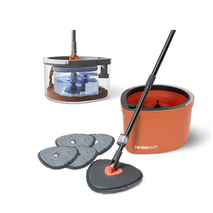 Dual Chamber Spin Mop and Bucket System, Separate Dirty Water, Set with Self-Wringing 360° Rotating Head, Includes 4 Washable Microfiber Pads. (Orange)