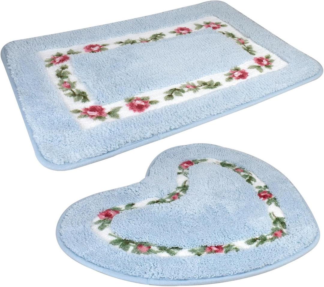 Bathroom Floor Mat 2-Piece Bathroom Absorbent Door mat Set Quick-Drying mat Toilet Non-Slip Carpet Mat Heart-Shaped and Rectangular Bath mat (2 Pieces, Sky Blue) (24.11" x 17.11"20." x 17.11")