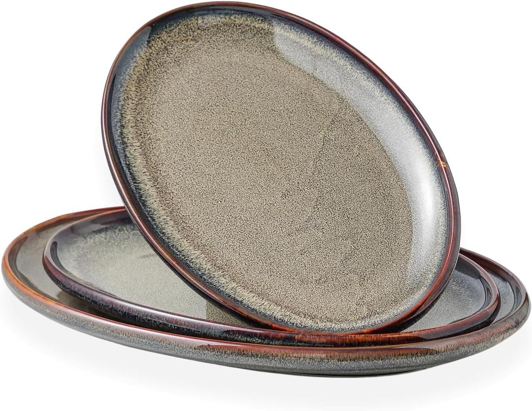 Ceramic Large Serving Platters- Set of 3 Oval Platters for Entertaining. Modern Kitchen Dishes for Dinner, Fruit, Salad, Turkey, etc. Oven, Dishwasher Safe, 15.75" / 13.75" /12", Caramel Brown
