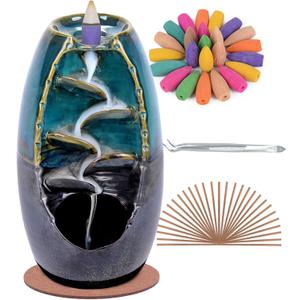 SPACEKEEPER Ceramic Backflow Incense Holder Waterfall Incense Burner, Aromatherapy Ornament Home Decor with 120 Backflow Incense Cones + 30 Incense Stick , Blue Set