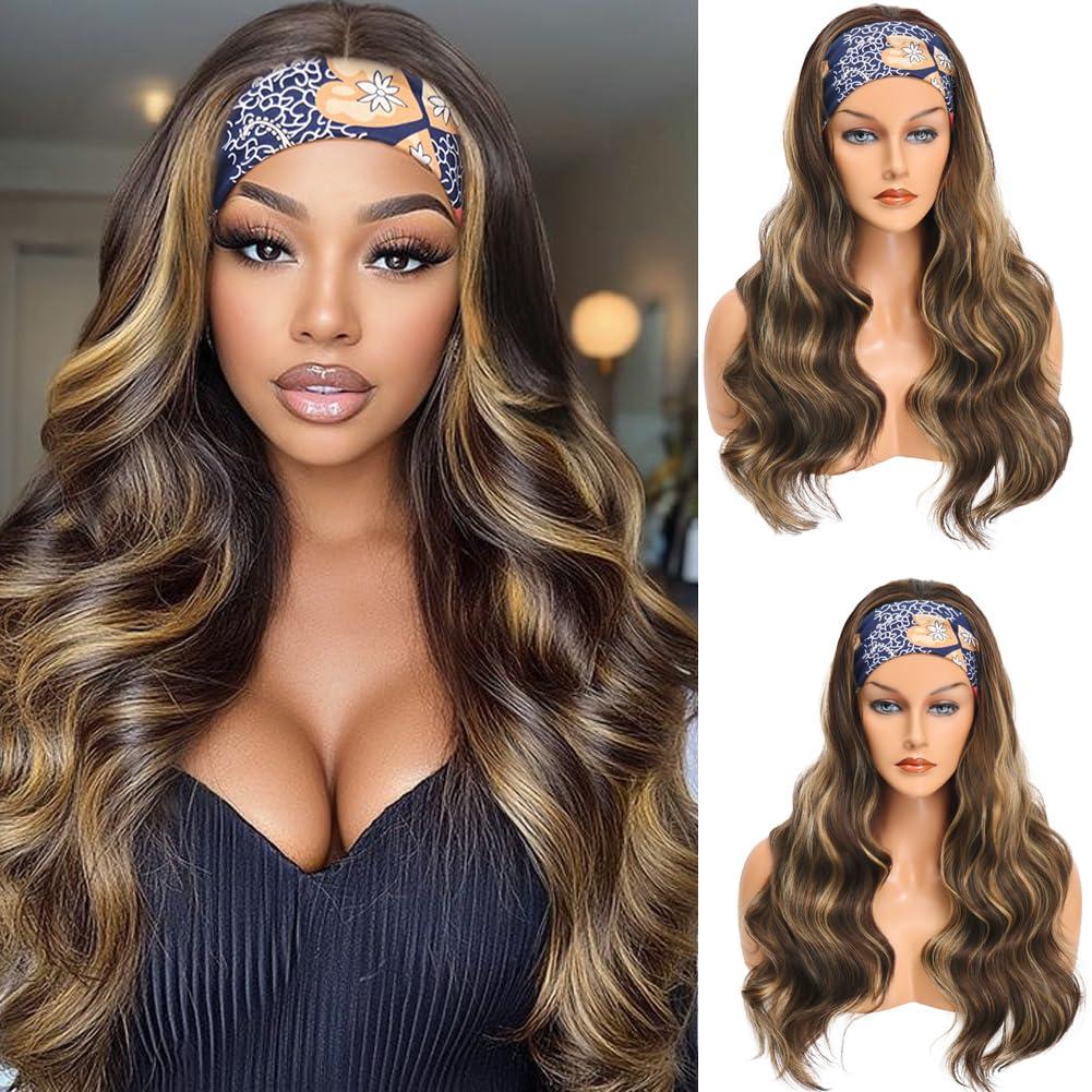 Colorful Queen Honey Blonde Highlight Headband Wig Ombre Brown Body Wave Headband Wigs for Black Women Brown Mix Blonde Colored Long Wavy Wig with Headband 26 Inch F4/27