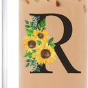 Initial Glass Cups Sunflower with Bamboo Lids and Straws,16oz Iced Coffee Mug Tumbler, Monogrammed Birthday Gifts Mother's Day Sunflower Gifts for Women, Mom, Friend, Sister, Letter R