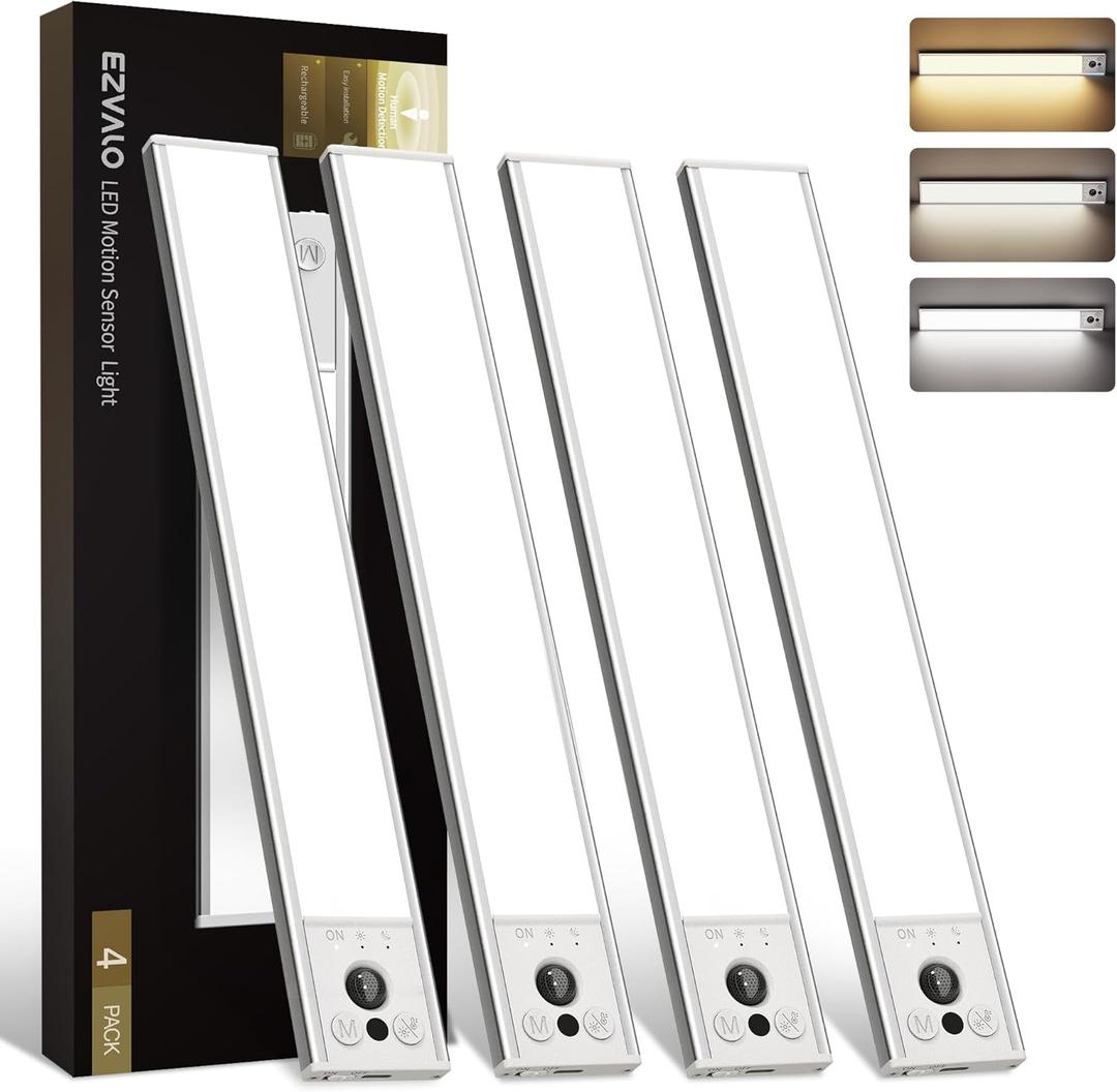 EZVALO 12inch Under Cabinet Lighting, 3200mAh Rechargeable Motion Sensor Light Indoor, with Dimmable & 3 Color Temps, Magnetic Closet Lights, Wireless Under Counter Lights for Kitchen, Stairs (4-Pack) (White)