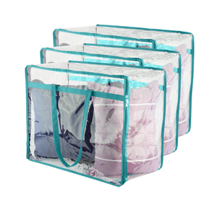 Clear Vinyl Zippered Storage Bags (3Pack) 40L Sturdy Storage Bags for Sweaters, Blankets, Comforters, Bedding Sets and Much More! (Turquoise, 18x15x9)