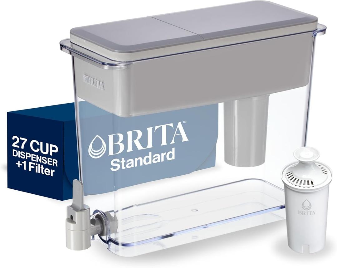 Brita UltraMax Large Water Dispenser With Standard Filter, BPA-Free, Replaces 1,800 Plastic Water Bottles a Year, Lasts Two Months or 40 Gallons, Includes 1 Filter, Kitchen Accessories, Large - 27-Cup (Grey)