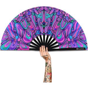 Large Folding Fan, 13 Inch Clack Rave Fan Hand Held Fan for Women Men with Premium Satin Fabric, Thick Bamboo Frame for EDM, Music Festival, Party, Dance, Decoration, Gift (Psyche Maze)