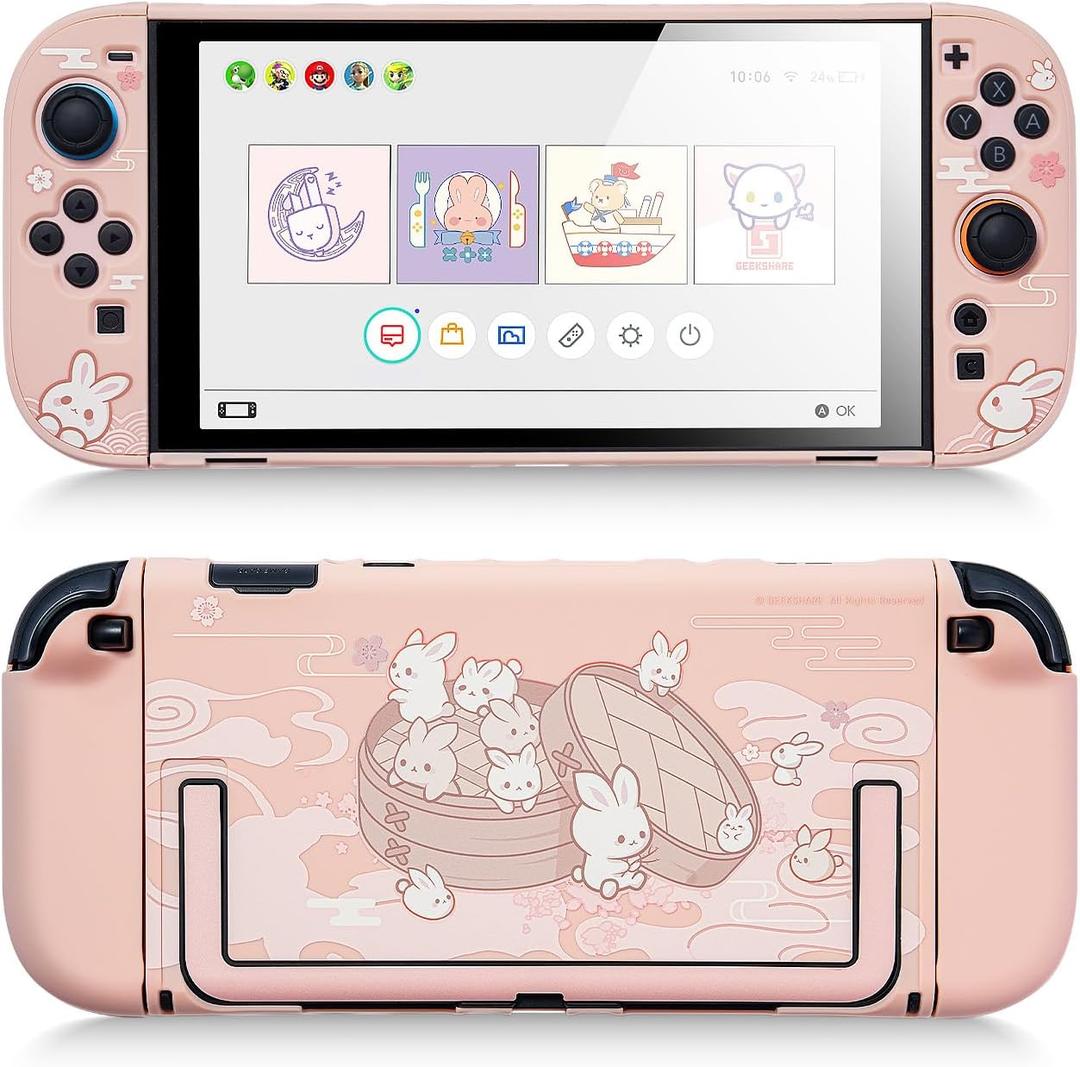 GeekShare Protective Shell Compatible with Switch 2, Kawaii Cartoon Dockable Case for Switch 2, Anti-Scratch and Shock-Absorption Design Cover Skin - Steamed Bun Rabbit
