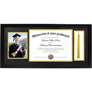 Diploma Frame with Tassel Holder, Fits 8.5x11 Inch Graduation Certificates and 5x7 Inch Photo, 11X22 Inch Black Picture Frame With Gold and Black Mat