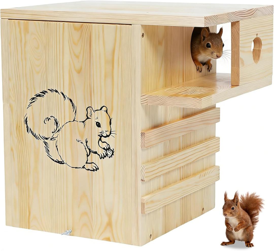 Widened Squirrel House for Outside, 11" W Squirrel Nesting Box with External Platform, Extra Large Squirrel Box for Spring, Easy to Assemble