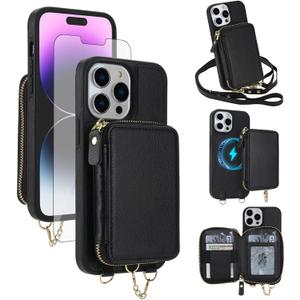 Asuwish Phone Case for iPhone 14 Pro Max Wallet Cover Screen Protector Crossbody Lanyard Strap Compatible with MagSafe RFID Blocking iPhone14promax 5G i Phone14Max Plus iPhone14 ProMax Women Black