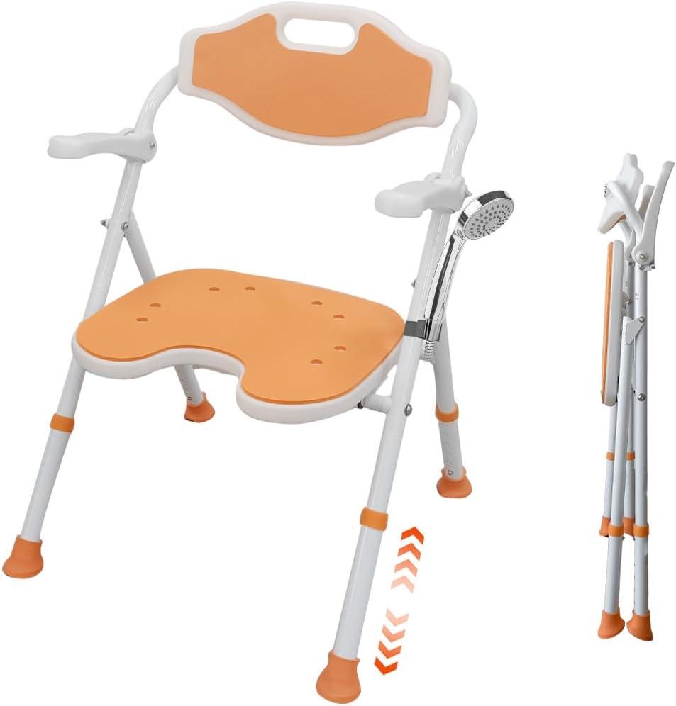 Lumizone Foldable Shower Chair with Arms and Back Folding Shower Seat Heavy Duty Bath Chair for Tub 6-Level Adjustable Height Load Capacity 400 lbs