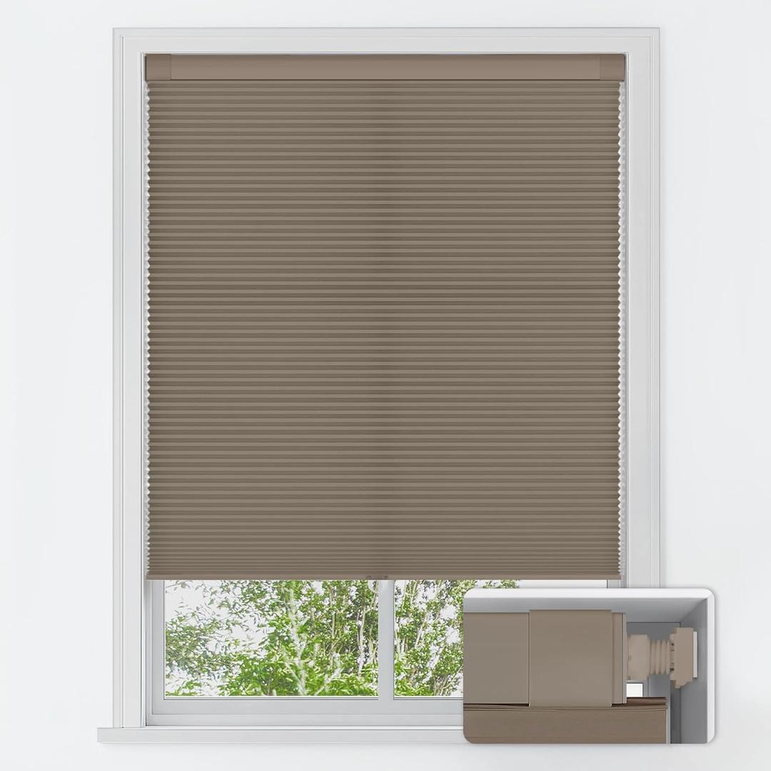 LazBlinds No Tools No Drill Cordless Cellular Shades, Light Filtering Honeycomb Shades for Home, Thermal Insulation Blinds for Windows, 52" W x 64" H, Taupe