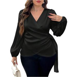 Floerns Women's Plus Size Satin Asymmetrical Wrap Tops Ruched V Neck Long Sleeve Blouses (XX-Large Plus, Black)