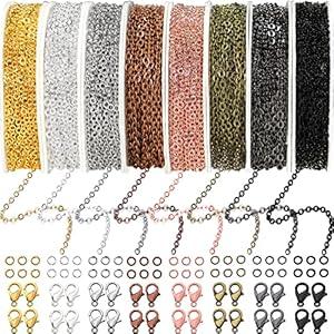 Jishi 80ft Necklace Chains Jewelry Making Chain Link Rolls Bulk 2mm - Bracelet Earring Necklace Craft Supplies DIY Jewelry Making Findings, 8-Colors Gold Silver Copper Plated Metal Rolo Cable Chains