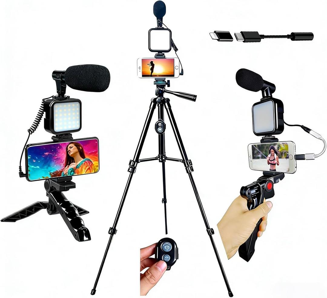 Vlogging Kit for iPhone, Vlogging kit for Android Phone,YouTube Starter Kit with Two Tripods Light Microphone Remote and Jack Adapter