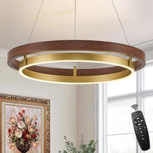 LED Ring Chandelier Dimmable Gold Walnut Wood Chandeliers, 30W Downlight