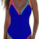 popvil Women's One Piece 2025 Tummy Control Swimsuits Neon Color Block Swimwear Deep V Neck Slimming Bathing Suit L
