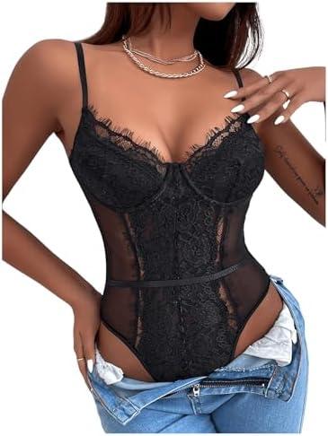 SHENHE Women's Floral Lace Spaghetti Strap Sheer Mesh Sleeveless Cami Bodysuit Tops Size M