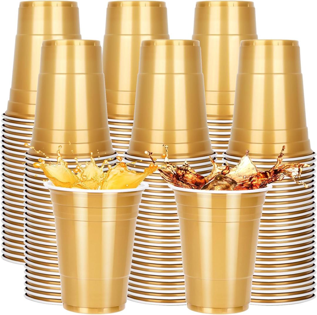 100PCS Gold Plastic Cups, 12oz Disposable Party Cups Bulk, BPA Free Beer Cocktail Drinking Cup, Beverage Holiday Cups for Soda Juice Cold Drinks for Wedding Valentine's Day Birthday Baby Shower Picnic