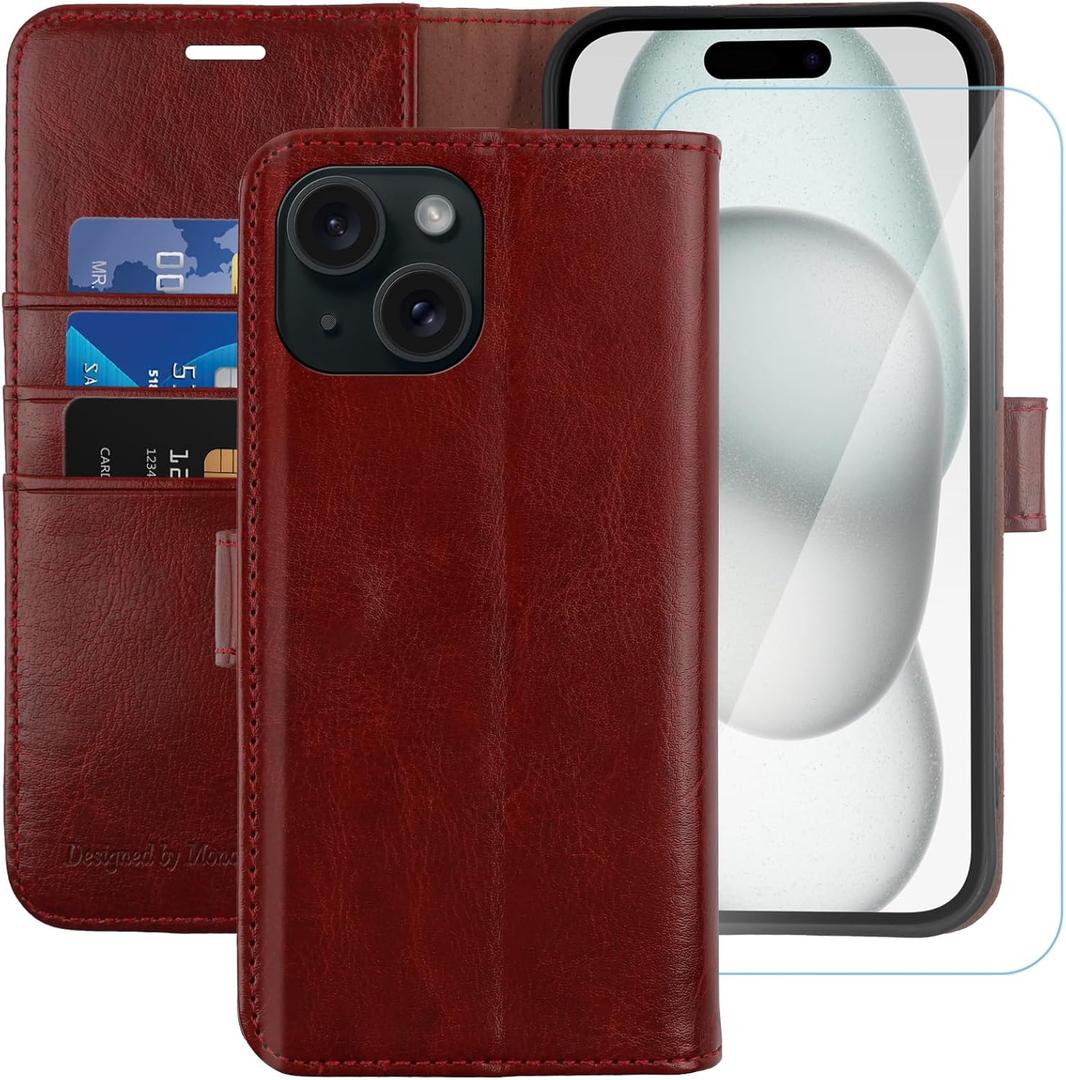 MONASAY Wallet Case Compatible for iPhone 15 5G,[Glass Screen Protector Included] [RFID Blocking] Flip Folio Leather Cell Phone Cover with Credit Card Holder, 6.1-inch, Burgundy