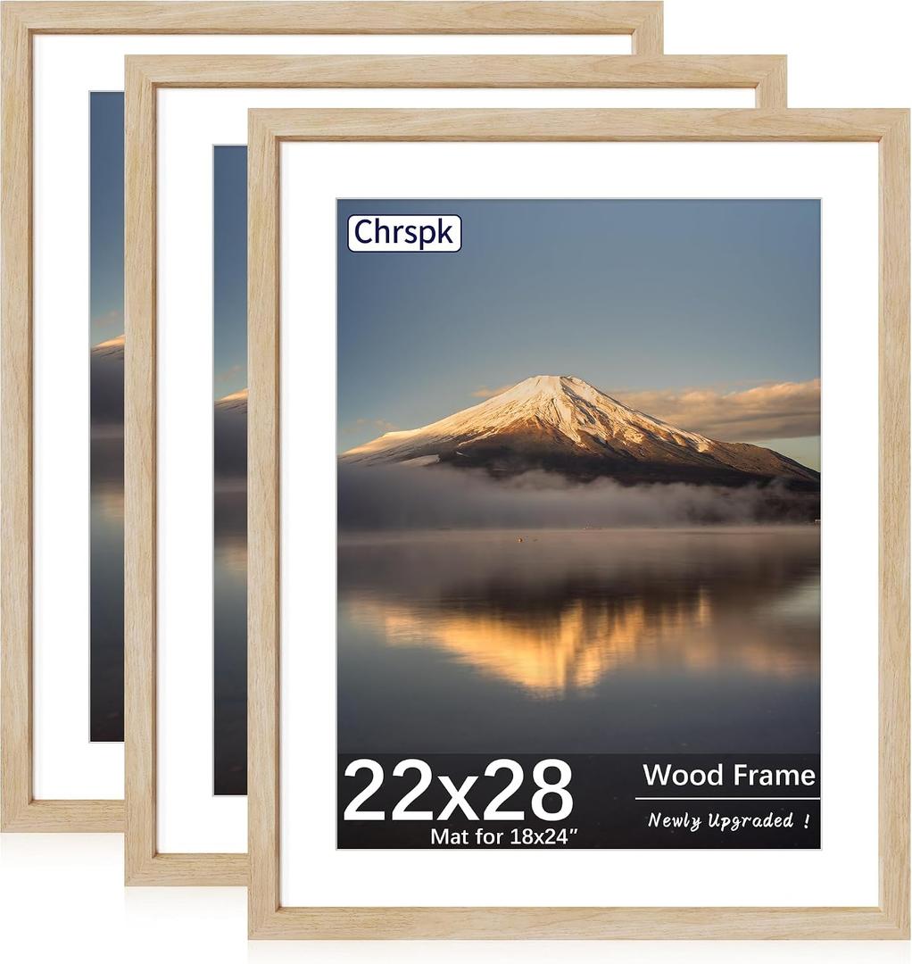 22X28 Poster Frame, Display Pictures 18X24 with Mat or 22X28 Without, Wall Hanging Frames, Natural Oak, 3 Pack