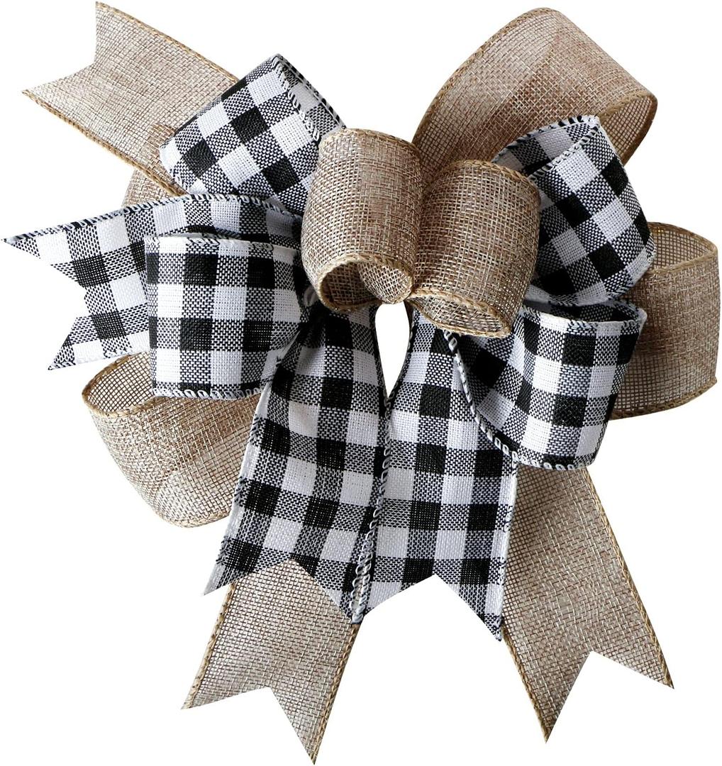 SIMISI RIBBON Christmas Buffalo Plaid Bow Burlap Black White Plaid Bows for Wreath Kitchen Decor (9.5 x 13 Inch)