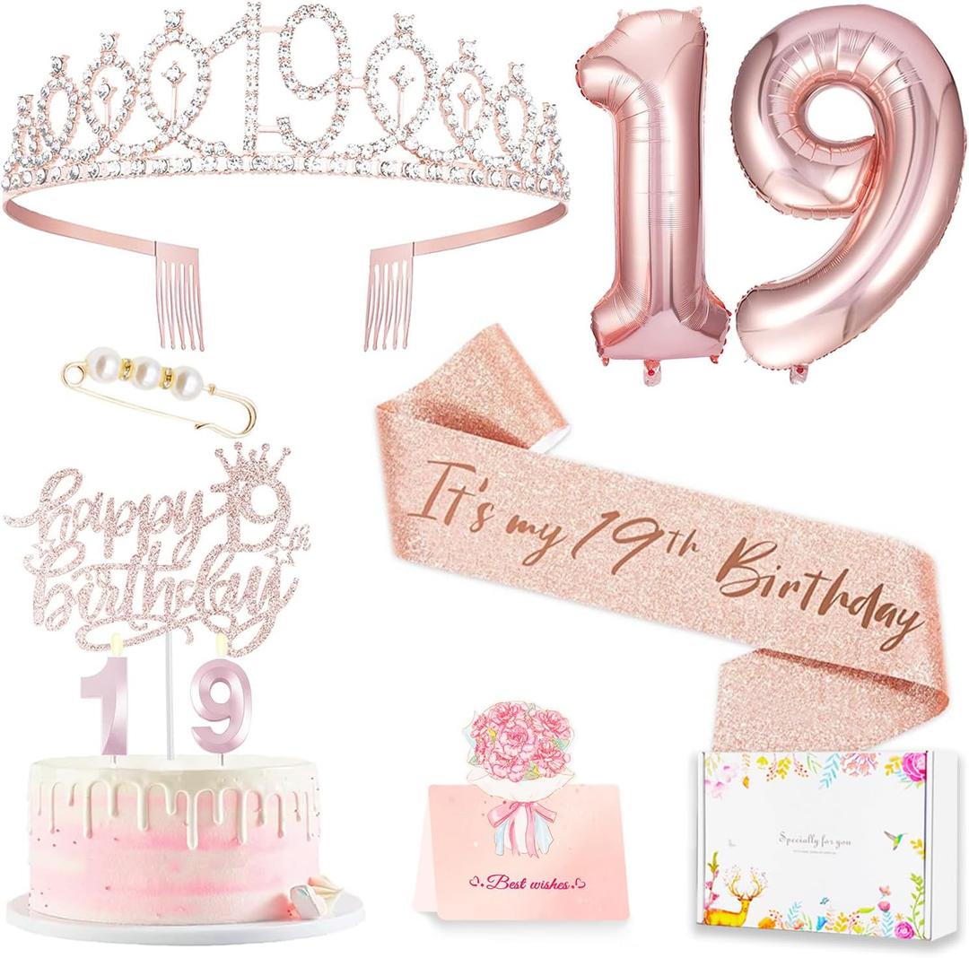 19th Birthday Decorations for Girl, 19th Birthday Sash and Crown, Cake Topper, Number Candles and Balloons, 19 Year Old Gifts for Girls
