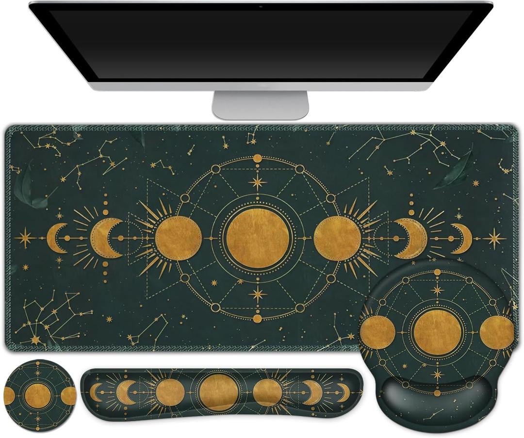 Large Desk Mat, Gaming Mouse Pad, Desk Pad Protector, XXL Mousepad + Keyboard Wrist Rest+Mouse Wrist Rest+Coaster Ergonomic Desk Pad for Home Office Decor, Dark Green Gold Moon Phases Constellation