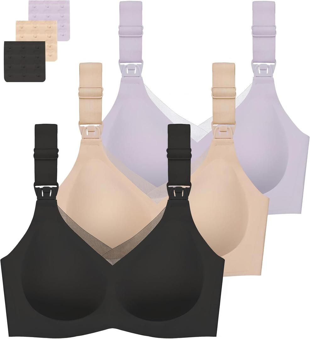 Gailife 3 Pack Nursing Bras for Breastfeeding Seamless V Neck Mesh Maternity Bra Comfort Pregnancy Sleep Bralette, Black/Beige/Purple 2XL