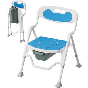 Foldable Shower Chair with Commode for Seniors, 400 lb, Blue | Bath chair and Bedside Commode Use, 11L Bucket, 5 Height Levels, 5.9 in Fold, Aluminum Frame