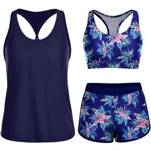 Yonique 3 Piece Athletic Tankini Swimsuits for Women with Shorts Swim Tank Tops with Sports Bra and Boyshorts Bathing Suits (Large, Blue Floral)