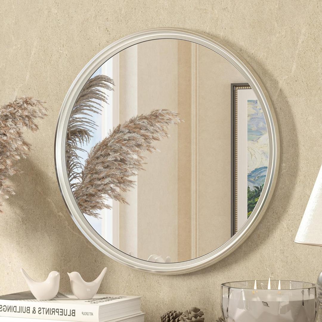 TETOTE Round 16 Brushed Nickel Circle Mirror Aluminum Frame Small Mirror for Wall, Bathroom, Living Room, Bedroom, Vanity, Entryway