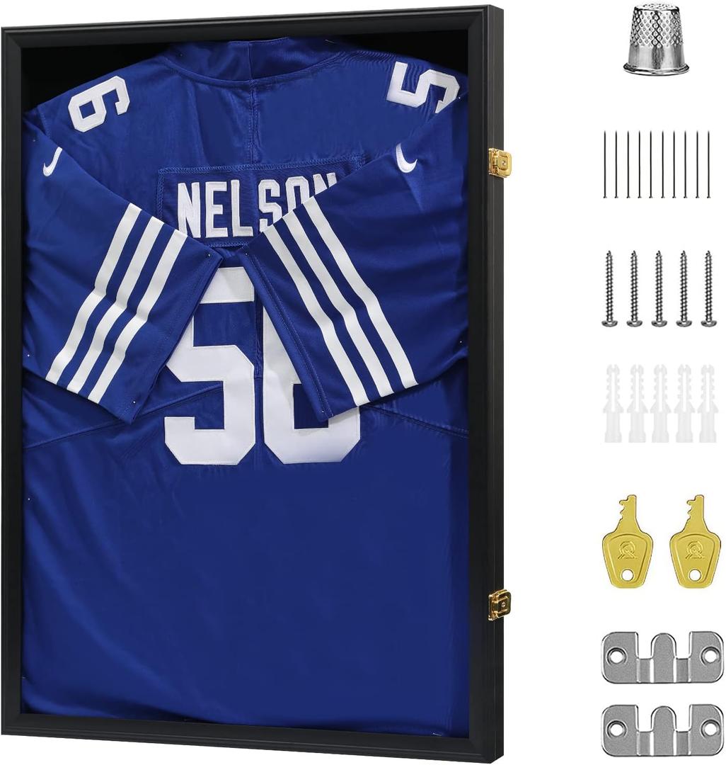 VERANI Jersey Frame Display Case - Football Jersey Shadow Box - Jersey Display Frame with Acrylic Door and Metal Hanger for Baseball Basketball Soccer Hockey Sport Shirt and Uniform,Black