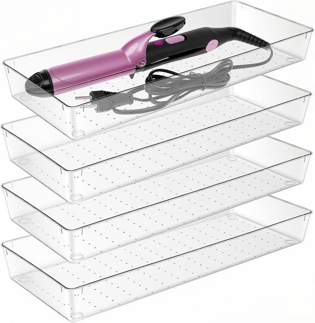 Manalete 4 Pack 15"x6" Extra Large Clear Plastic Drawer Organizer Trays, Multi-Purpose Storage Bins for Vanity, Makeup, Kitchen Utensils, Bathroom, Office Desk, Auto Tools & Craft Supplies