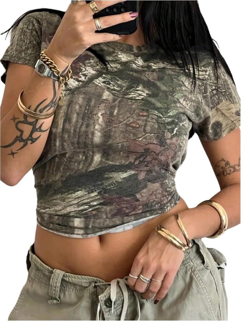 Women's Camo Print Crop Tops Short Sleeve Crewneck Slim Fit T Shirt Summer Graphic Tees (L)