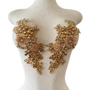 Handmade Shining Rhinestones lace Applique Patches Sewing Beads Sequins Stone Trim Accessories for Wedding Dress 1 Pair/Bag 11X4.3inches (Champagne)
