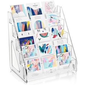 FileCntr 5 Tier Acrylic Card Display Stand, Clear Display for Greeting Cards, Sports Cards, Postcards, Stickers & Brochures