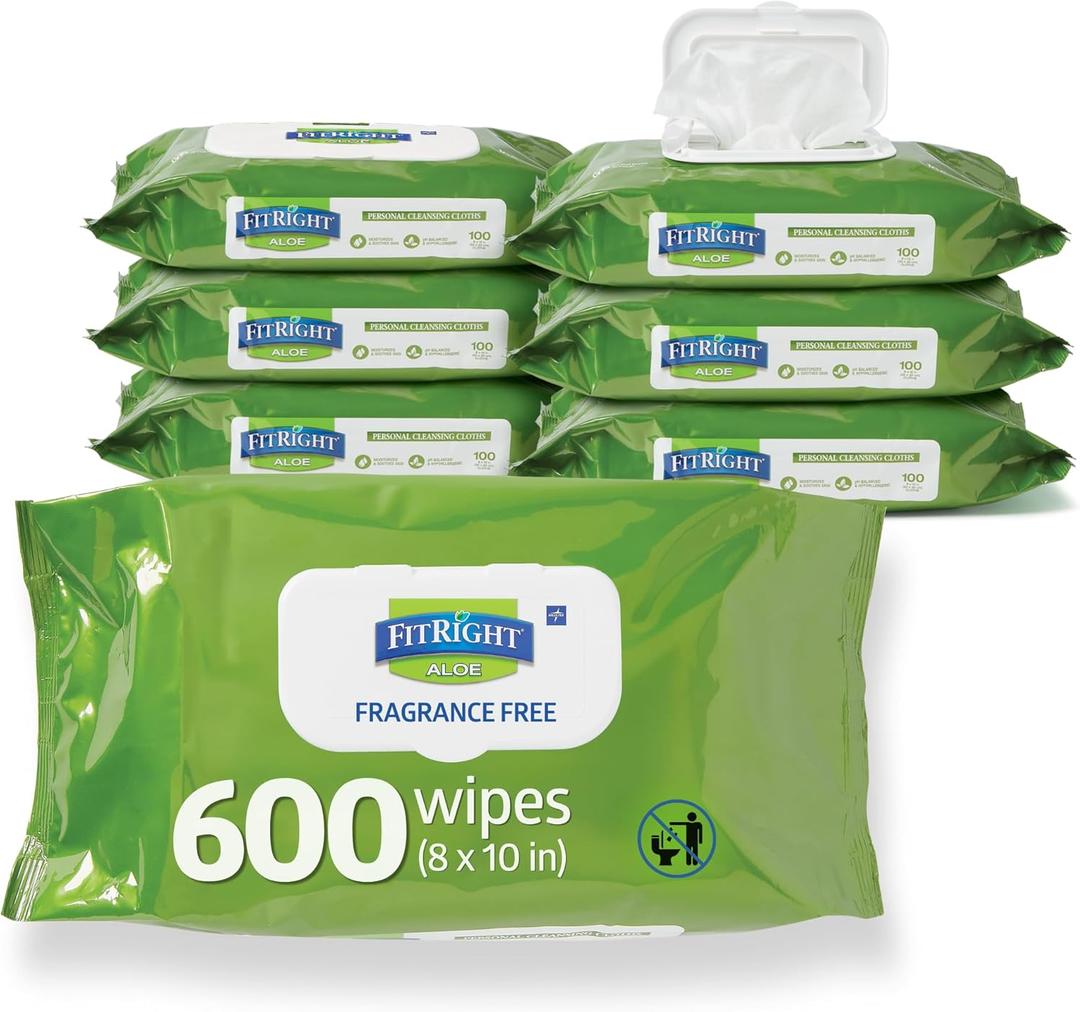FitRight Personal Cleansing Wipes with Aloe (8x10 inch) | 600 Pieces Moisturizing Body Wipes for Adults Bathing and Incontinence Cleaning | Unscented Cloth Adult Wipes for Elderly Care