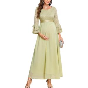 CYCLAMEN Floral Lace Maternity Maxi Dress Ruffle Bell Sleeves Crew Neck Elegant Chiffon Evening Gown Baby Shower Wedding (Green, XL)